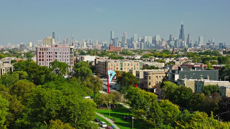 Aerial shot of Chicago Loop from Humboldt Park on a clear day in Fall.